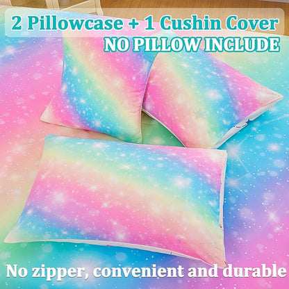 6 Pcs Bed in A Bag Glitter Galaxy Comforter Set Twin Size, Ombre Pink Rainbow Bedding Sets with Sheets for Girls