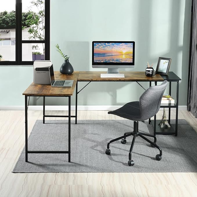 FurnitureR L-Shaped 58.3''Corner Computer Desk with Storage Shelf Long Gaming Desk for Home Office PC Workstation Saving Space Laptop Table (Brown and Black)