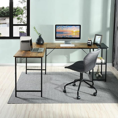 FurnitureR L-Shaped 58.3''Corner Computer Desk with Storage Shelf Long Gaming Desk for Home Office PC Workstation Saving Space Laptop Table (Brown and Black)