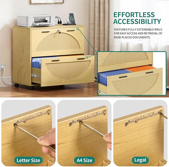 YITAHOME 2 Drawer File Cabinet with Charging Station, Rattan Filing Cabinet with Lock, Wood File Cabinet with Wheels, Home Office Furniture Fits A4, Letter, Legal Size Files