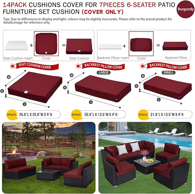 ClawsCover 14Pack Outdoor Patio Seat and Back Cushions Replacement Covers Fit for 7Pieces 6-Seater Wicker Rattan Sectional Couch Chair Furniture Set,Burgundy-Include Cover Only (Large)