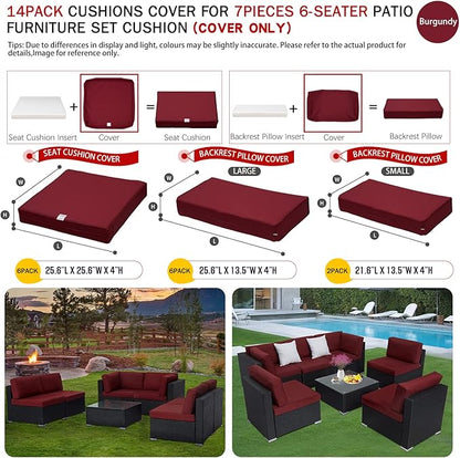 ClawsCover 14Pack Outdoor Patio Seat and Back Cushions Replacement Covers Fit for 7Pieces 6-Seater Wicker Rattan Sectional Couch Chair Furniture Set,Burgundy-Include Cover Only (Large)