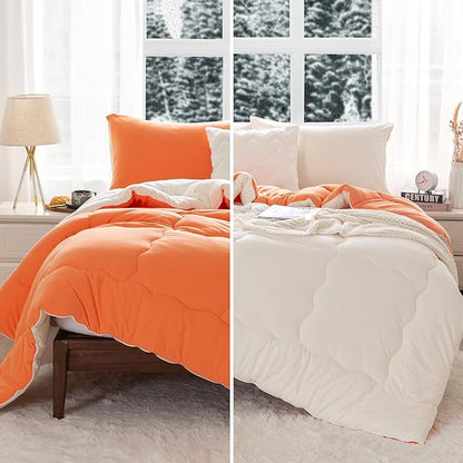 COTTEBED Warm Reversible Softness Burnt Orange and Beige King Size Comforter Sets Clearance, California King Soft Fully Breathable Bedding Down Comforter and Pillowsham for Women Winter King/Cal King