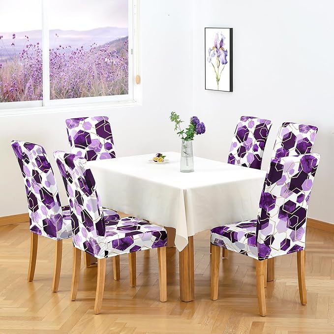 Gibelle Dining Room Chair Covers Set of 6, Soft Stretch Kitchen Chair Covers Slipcover Protector, Removable Washable Geometric Parson Chair Covers 6 Pack, Purple