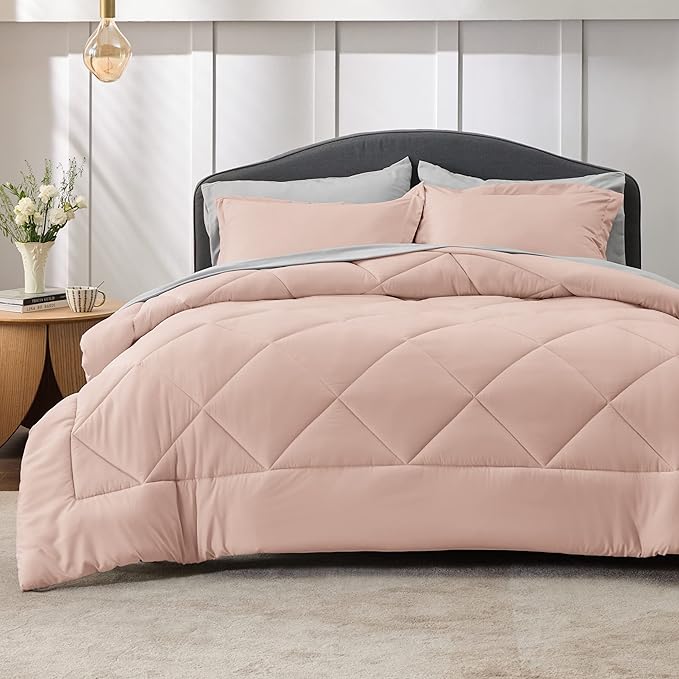 Bedsure Blush Pink Queen Comforter Set - 7 Pieces Reversible Queen Bed in a Bag Queen Bed Set with Comforters, Sheets, Pillowcases & Shams, Queen Bedding Sets