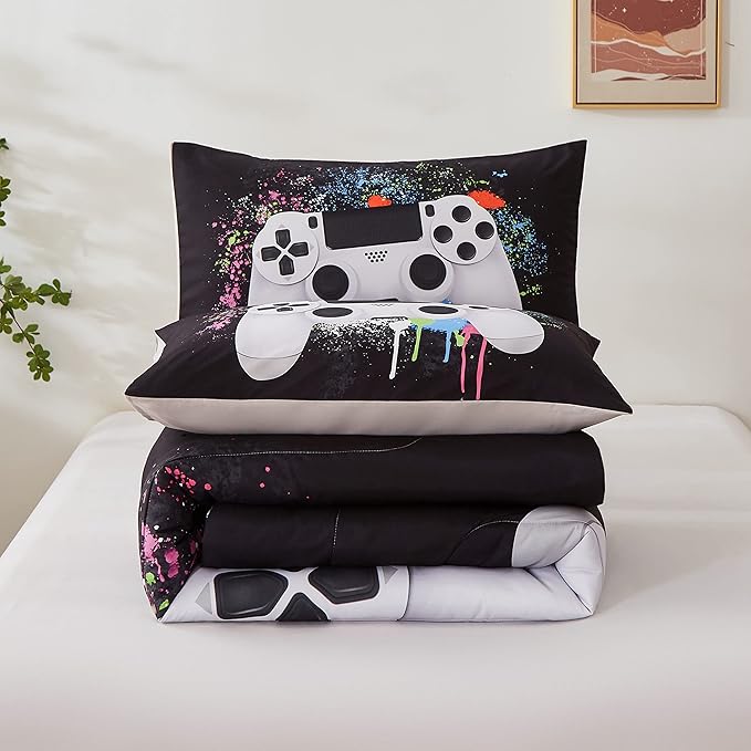 Gamer Bedding Sets for Boys, Twin Size 2-Piece Gaming Comforter Sets for Kids Teens, Soft Microfiber Video Game Bedding Sets for Game Lovers, 1 Comforter and 1 Pillowcase(White,Twin)