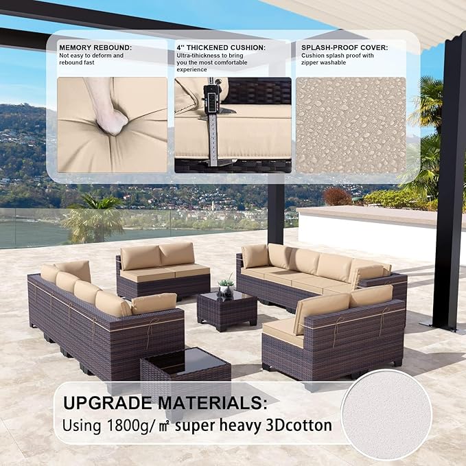 Kullavik 14PCS Outdoor Patio Furniture Set PE Wicker Rattan Sectional Sofa Patio Conversation Sets,Sand