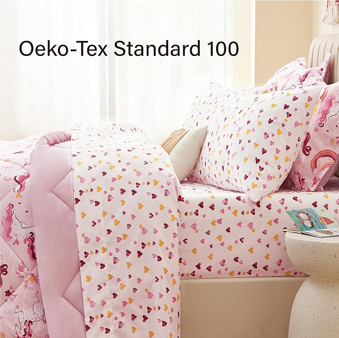 Twin Unicorn Kids Bedding Set for Girls, 5 Pieces Super Soft Lightweight Microfiber Comforter Set with Sheets, Bed in a Bag, Durable Children Bed Set
