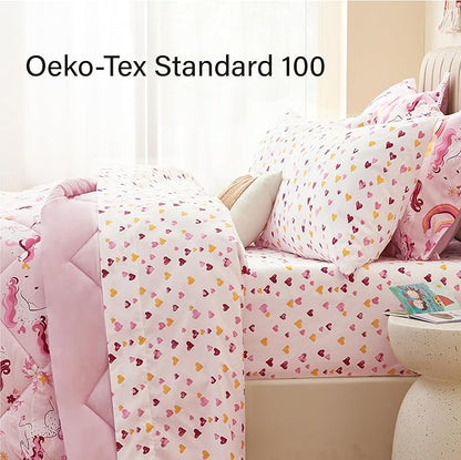 Twin Unicorn Kids Bedding Set for Girls, 5 Pieces Super Soft Lightweight Microfiber Comforter Set with Sheets, Bed in a Bag, Durable Children Bed Set
