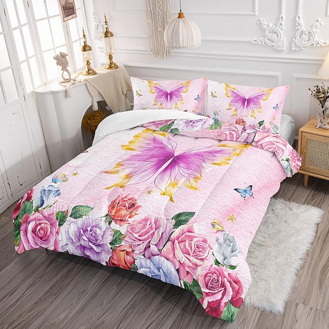 Butterfly Comforter Set for Girls Kids Adults Butterfly Rose Bedding Set Aesthetics Butterflies Quilt Duvet Set Twin Size with 1 Comforter and 2 Pillowcases