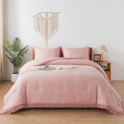 Andency Pink Comforter Set California King for Girls, Blush Boho Women Tassel Lightweight Bedding Comforter Sets, 3 Pieces All Season Soft Fluffy Fringe Bed Set (104x96In Comforter & 2 Pillowcases)
