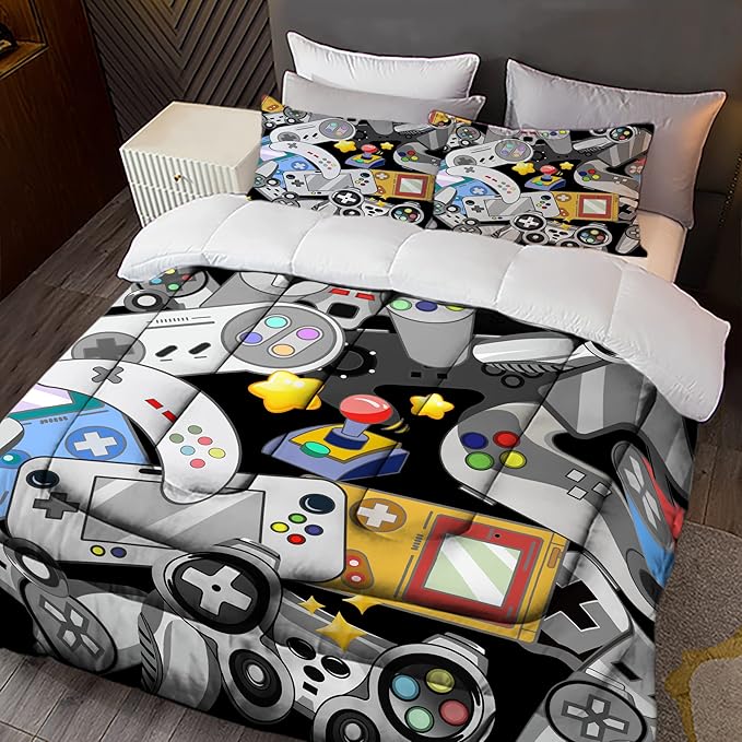 Sunnycitron Gaming Comforter for Boys Teen Gamer Comforter Full Size Gaming Bedding Kids Bed Comforter set Boys Bedding quilt Down Alternative Comforter Game Room Decor,1 Comforter +2Pillowcase