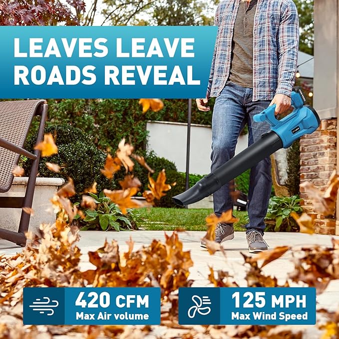 Leaf Blower Cordless, 20V Battery Powered Electric Leaf Blower with 2 Batteries & Charger, 6 Speed Mode, 420CFM Handheld Leaf Blowers for Lawn Care, Patio, Yard, Sidewalk, Blowing Snow