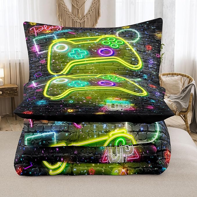 Twin Bedding Sets for Boys, Gamer Comforter Sets for Boys Teens, 3D Printed Gaming Console Soft Microfiber Bedding Sets, Twin Bed Comforter Set for Boys (1 Comforter +1 Pillowcases)