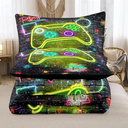NINENINE Gaming Bedding 5PCS Queen Size Comforter Sets for Boys,Gamer Bedding Sets for Boys,Gampad Black Comforter Sheet Set(1Comforter, 1Flat Sheet, 1Fitted Sheet, 2Pillowcases)…