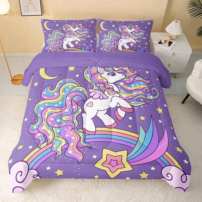 Unicorn Comforter Queen Size,Rainbow Unicorn Comforter Set for Kids Teens Girls,3Pcs Bedding Set Printed Comforter with 2 Pillowcases,Down Alternative,Soft and Lightweight(Purple，Queen Size)