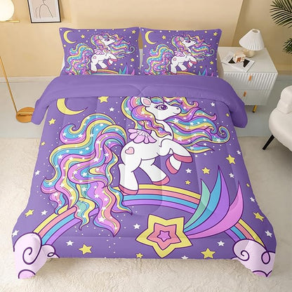 Unicorn Comforter Full Size,Rainbow Unicorn Comforter Set for Kids Teens Girls,3Pcs Bedding Set Printed Comforter with 2 Pillowcases,Down Alternative,Soft and Lightweight(Purple，Full Size)