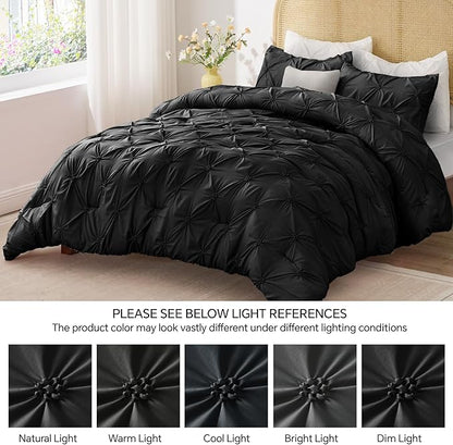 BEDELITE Black Comforter Set Queen - 3 Pieces Boho Pintuck Bedding Comforter Sets, Lightweight Soft & Warm Bed Comforter Queen with 2 Pillowcases for All Season