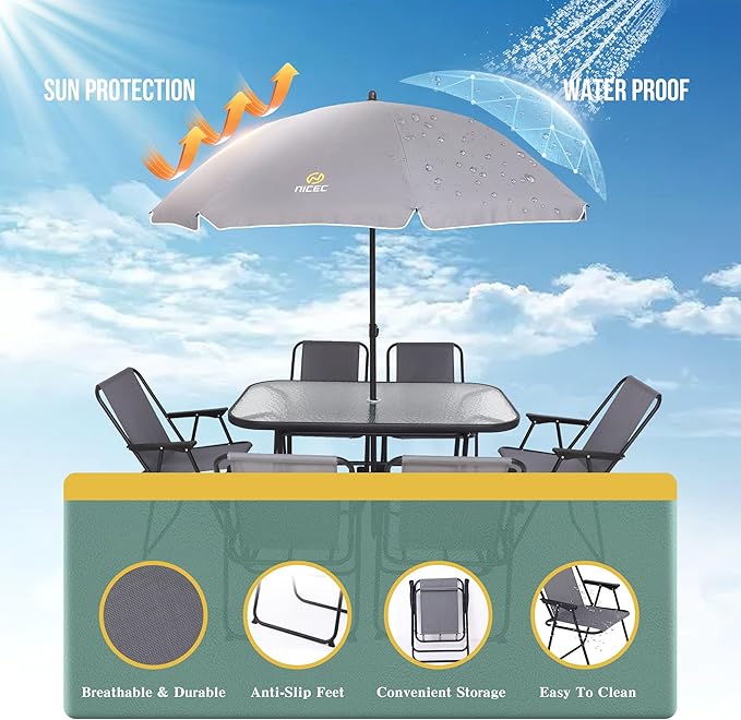 Nice C Outdoor Dining Sets, Patio Furniture Set, 8 Piece Set with Umbrella, Garden Outdoor Furniture Table Set with Tilted Removable Umbrella, Glass Table, and 6 Folding Chairs (Grey)