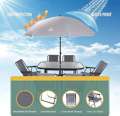 Nice C Outdoor Dining Sets, Patio Furniture Set, 8 Piece Set with Umbrella, Garden Outdoor Furniture Table Set with Tilted Removable Umbrella, Glass Table, and 6 Folding Chairs (Grey)