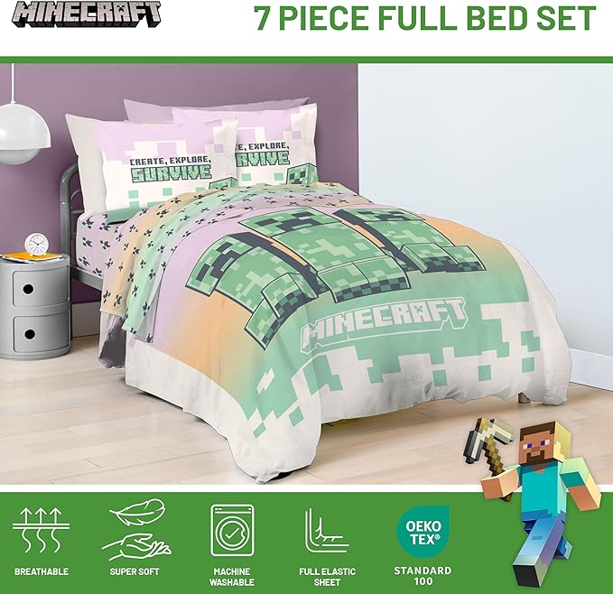 Minecraft Creeper Full Comforter Set - 7 Piece Bedding includes Sheet Set & Pillow Covers - Super Soft Pink & Green Kids Bedding