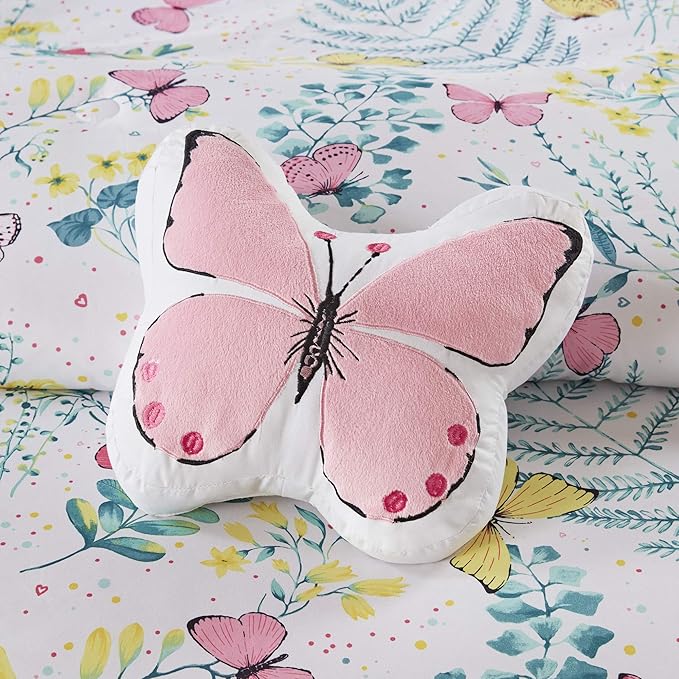 Mi Zone Kids Cynthia Comforter for Girls Microfiber Animal Butterfly Print, Modern All Season Down Alternative Kids Bed Set, Matching Sham, Decorative Pillow, Full/Queen, Pink 4 Piece