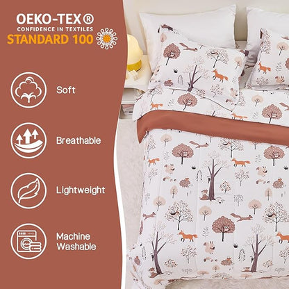 Kids Comforter Set for Boys Girls Full Size, Cute Reversible Quilted Woodland Forest Animal Print Fall Bedding with Pillow Sham, Lightweight Soft Breathable Machine Camping Themed Bed Set 3 Piece