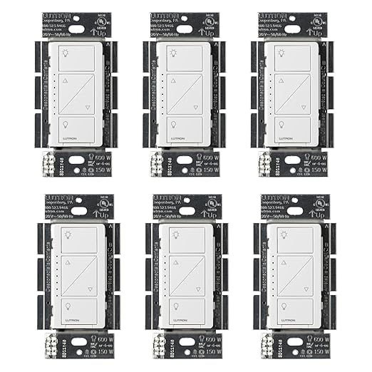 Lutron Caseta Original Smart Dimmer Switch (Lutron Smart Hub Required), for LED Lights, 150 Watt, Single-Pole/3-Way, No Neutral Required, PD-6WCL-WH 6-PACK, White, 6 Pack