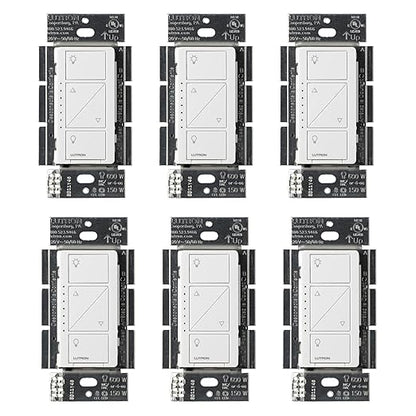 Lutron Caseta Original Smart Dimmer Switch (Lutron Smart Hub Required), for LED Lights, 150 Watt, Single-Pole/3-Way, No Neutral Required, PD-6WCL-WH 6-PACK, White, 6 Pack