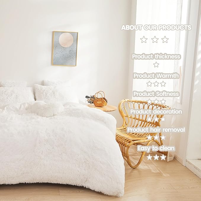 FOPPA Luxury Faux Fur Comforter Cover Set Ultra Soft Plush Bedding Sets 3 Pieces (1 Faux Fur Duvet Cover + 2 Faux Fur Pillow case) Zipper (White, Queen)