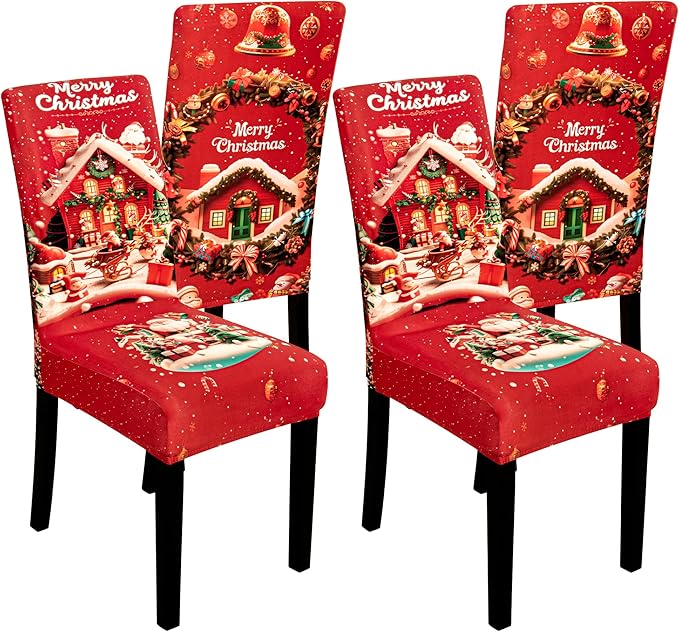 4PCS Christmas Dining Chair Covers Stretch Removable Washable Dining Room Chair Protector Slipcovers Santa Claus House Wreaths Kitchen Chair Cover Slipcover Protector for Xmas Holiday Party Home Décor