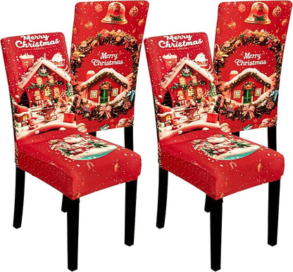 4PCS Christmas Dining Chair Covers Stretch Removable Washable Dining Room Chair Protector Slipcovers Santa Claus House Wreaths Kitchen Chair Cover Slipcover Protector for Xmas Holiday Party Home Décor