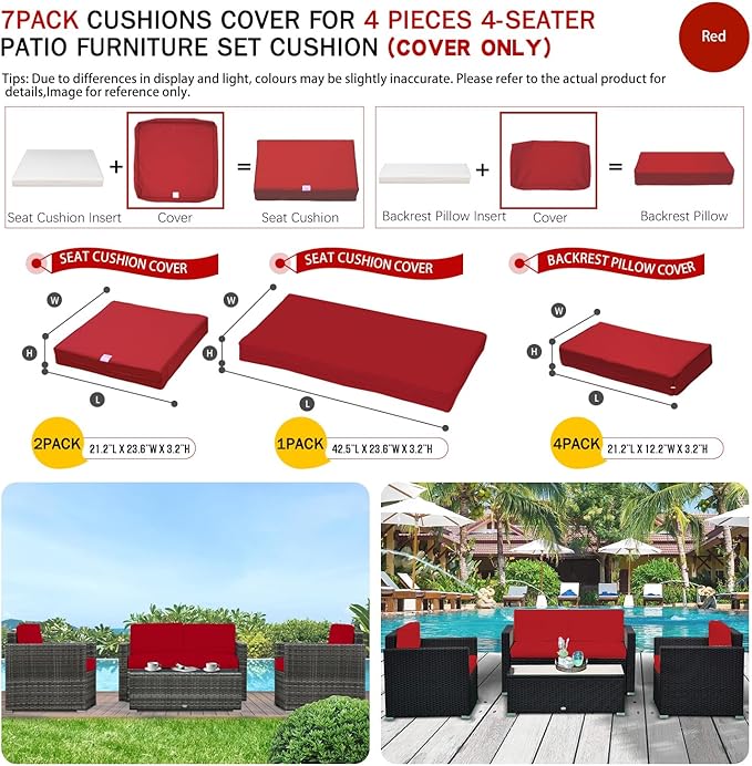 ClawsCover 7Pack Outdoor Seat and Back Cushions Replacement Covers Fits for 4-Seater 4Pieces Wicker Rattan Patio Conversation Set Sectional Couch Chair Furniture,Red-Include Cover Only