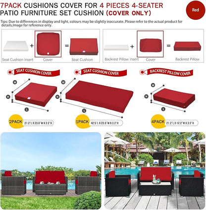 ClawsCover 7Pack Outdoor Seat and Back Cushions Replacement Covers Fits for 4-Seater 4Pieces Wicker Rattan Patio Conversation Set Sectional Couch Chair Furniture,Red-Include Cover Only