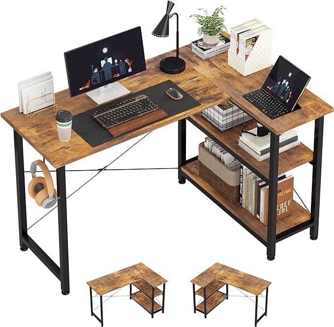 COTUBLR L Shaped Computer Desk, 47 Inch Small Corner Desk with Storage Shelves, Computer Desk Table Laptop Table Writing Desk Study Table for Home Office Workstation Small Spaces (Rustic Brown)