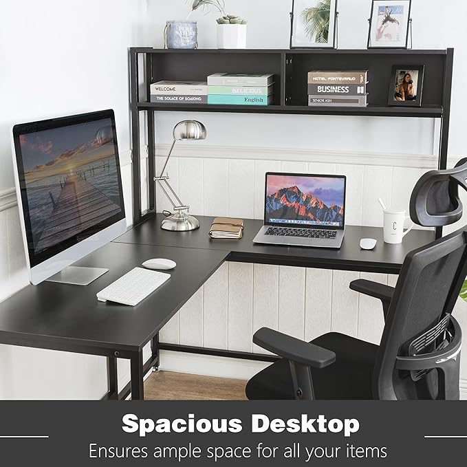 Becko US L Shaped Desk with Hutch, 56 Inch Corner Computer Desk, Home Office Writing Desk with Storage Shelves, Space Saving (Black)