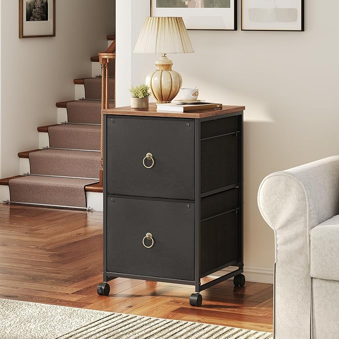 HOOBRO 2 Drawer Mobile File Cabinet, Rolling Printer Stand, Vertical Filing Cabinet, Office Cabinet, Filing Cabinet for Home Office, A4/Letter Size, Nonwovens Drawer, Black and Rustic Brown BFK20WJ01