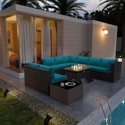 Patio Furniture Sectional Sofa Set 10-Pieces PE Rattan Patio Conversation Set w/43in Gas Fire Pit Table, Outdoor Furniture with 55000 BTU Propane Fire Pit, Blue