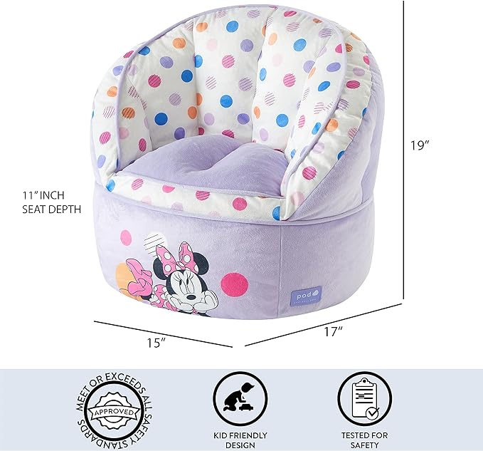Idea Nuova Disney Minnie Mouse Purple with Polka Dots Round Bean Bag Chair for Kids, Ages 3+, Large