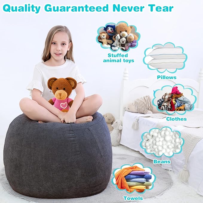 Stuffed Animal Storage Bean Bag Chair Cover (No Filler) for Kids and Adults.Soft Premium Corduroy Stuffable Beanbag for Organizing Children Plush Toys or Memory Foam Small 100L (Dark Grey)