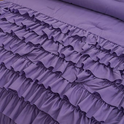 Lavender Princess Ruffle Comforter, Purple Twin Comforter Set for Girls (1 Ruffled Comforter and 2 Pillowcases), 3 Pieces Vintage Rustic Purple Bedding Set for Girls Kids