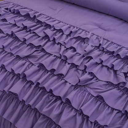 Purple Comforter Set Full Size, Light Purple Boho Ruffle Bedding Set, 3Pcs Kids Girls Full Size Bedding Sets for All Season