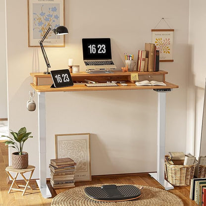FEZIBO 48 x 24 Inch Height Adjustable Electric Standing Desk with Double Drawer, Stand Up Desk with Storage Shelf, Sit Stand Desk, Light Rustic