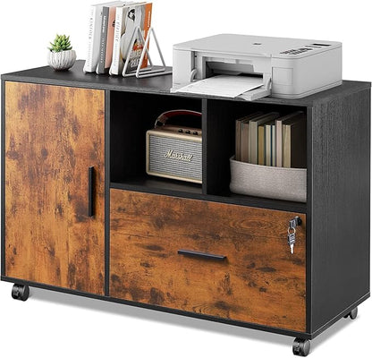 DEVAISE Lateral File Cabinet with Lock, 1-Drawer Rolling File Cabinets on Wheels for Home Office, Wood Printer Stand with Open Storage Shelf, Rustic Brown