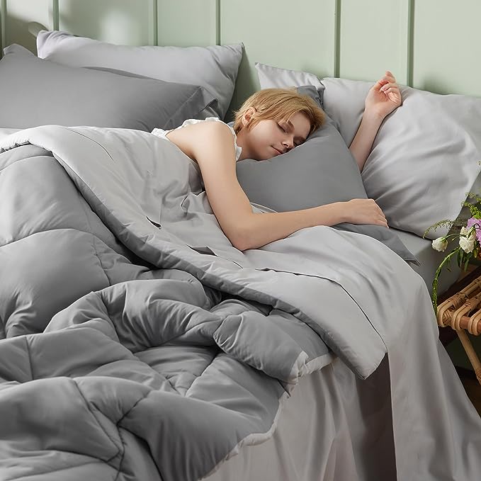 Bedsure Queen Comforter Set - 7 Pieces Reversible Comforters Queen Size Bed Set Bed in a Bag with Comforter, Sheets, Pillowcases & Shams, Grey Bedding Sets