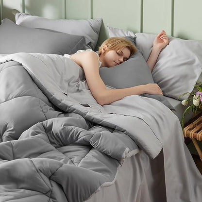 Bedsure Queen Comforter Set - 7 Pieces Reversible Comforters Queen Size Bed Set Bed in a Bag with Comforter, Sheets, Pillowcases & Shams, Grey Bedding Sets