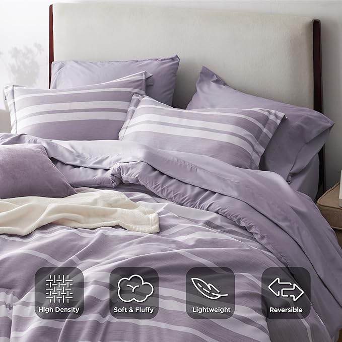 Bedsure Bed in a Bag California King Size 7 Pieces, Purple White Striped Bedding Comforter Sets All Season Bed Set, 2 Pillow Shams, Flat Sheet, Fitted Sheet and 2 Pillowcases