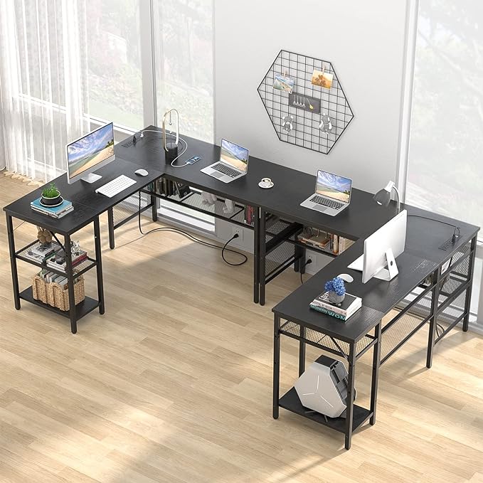 Unikito L Shaped Desk with USB Charging Port and Power Outlet, Reversible Corner Computer Desk with Storage Shelves, Industrial 2 Person Long Gaming Table Modern Home Office Desk, Black