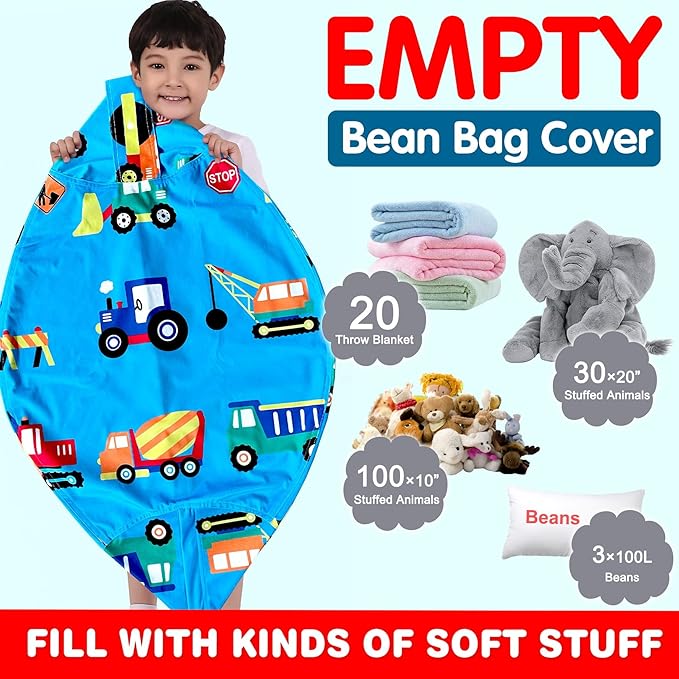 Lukeight Stuffed Animal Storage Bean Bag Chair Cover for Kids, Zipper Beanbag Chair Cover for Organizing Toddler & Kids' Rooms Plush Toys (Construction Velvet, XX-Large)
