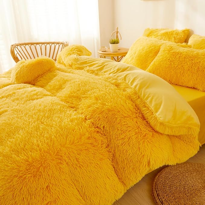 FOPPA Yellow Plush Fluffy Comforter Cover Set Queen - Ultra Soft Faux Fur Yellow Bedding Sets 3 Pieces (1 Shaggy Duvet Cover + 2 Pillow case) Fuzzy Bed Set (Yellow, Queen)